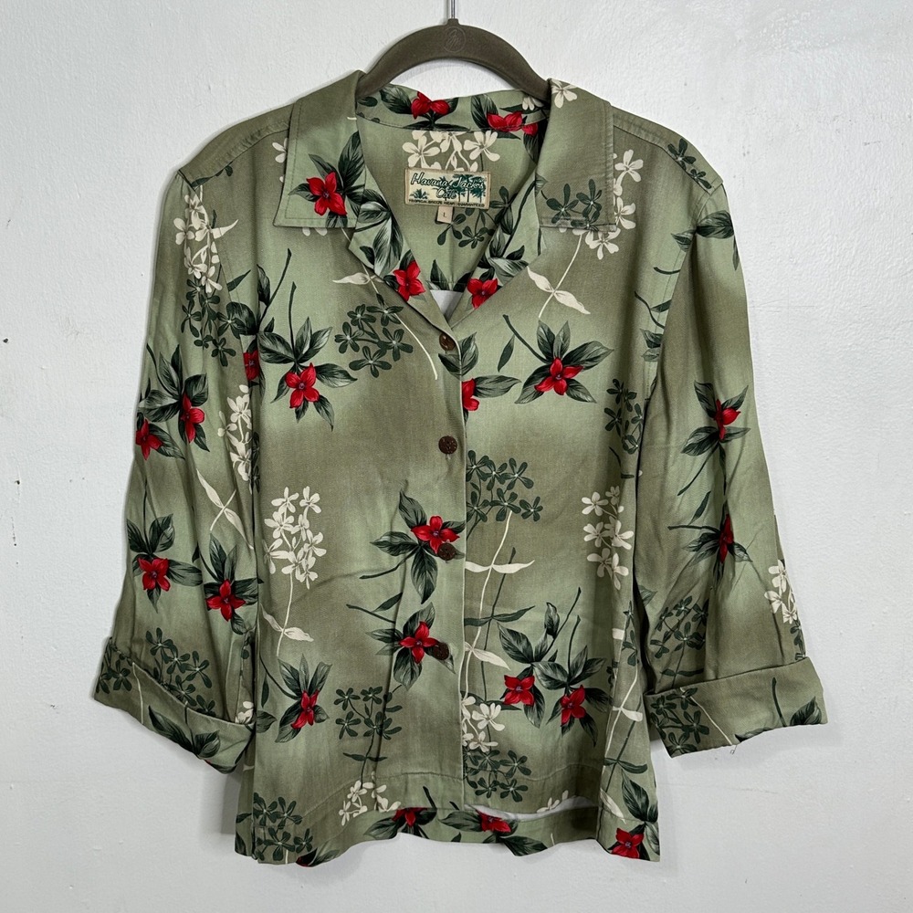 Havana Jack's Cafe Women Floral Tropical Rayon Button Down Shirt Sage Green‎ L
